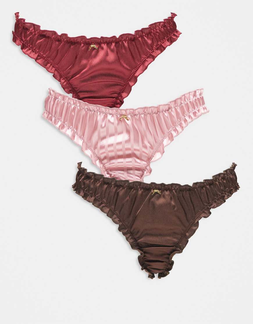ASOS DESIGN - 3er-Pack geraffte Tangas aus Satin in Burgunderrot, Schokobraun und Rosa gestreift mit goldfarbener Schleifenverzierung-Bunt von ASOS DESIGN