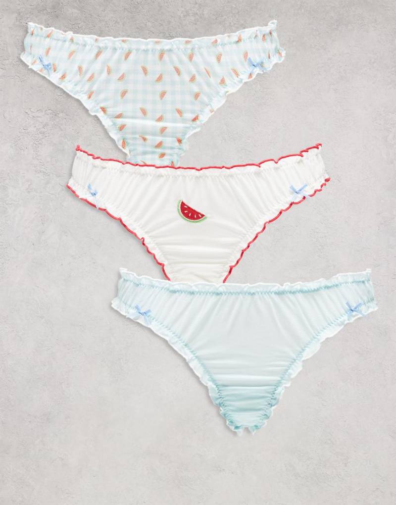ASOS DESIGN - 3er-Pack geraffter Netzstoff-Tanga mit Wassermelonen-Motiv und Vichy-Karos in Blaut und Rot-Bunt von ASOS DESIGN