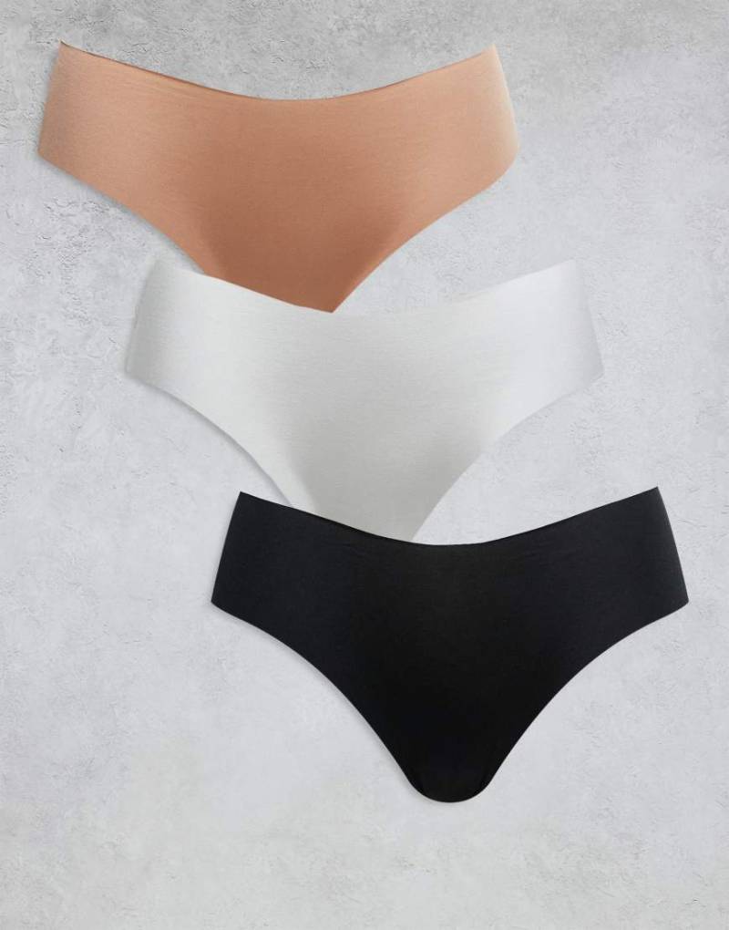 ASOS DESIGN - 3er-Pack sich nicht abzeichnende Brazilian-Slips in Schwarz, Weiß und Beige mit Spitze-Bunt von ASOS DESIGN