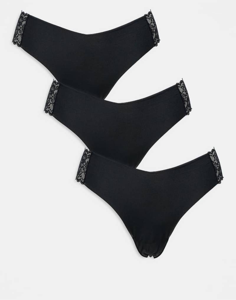ASOS DESIGN - 3er-Pack sich nicht abzeichnende Tangas in Schwarz mit seitlicher Spitze von ASOS DESIGN