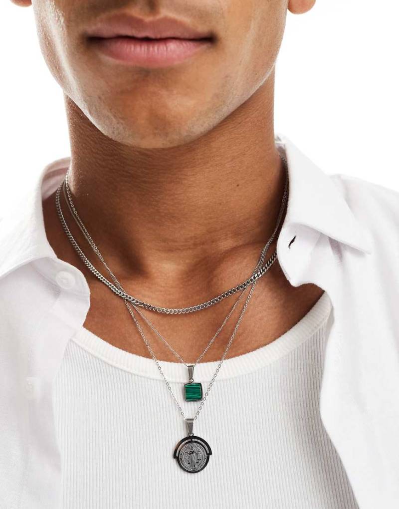 ASOS DESIGN - Silberfarbene Halsketten im 3er-Pack aus wasserfestem Edelstahl mit beweglichen Anhängern von ASOS DESIGN