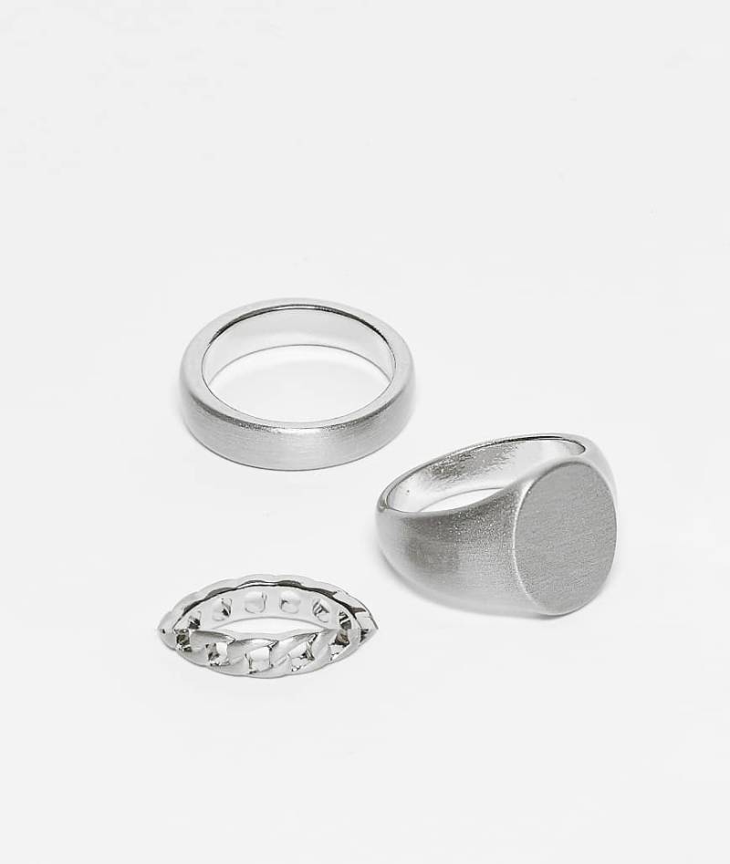 ASOS DESIGN - 3er-Pack silberfarbene Siegelringe mit gebürsteter Oberfläche und Kettendesign von ASOS DESIGN