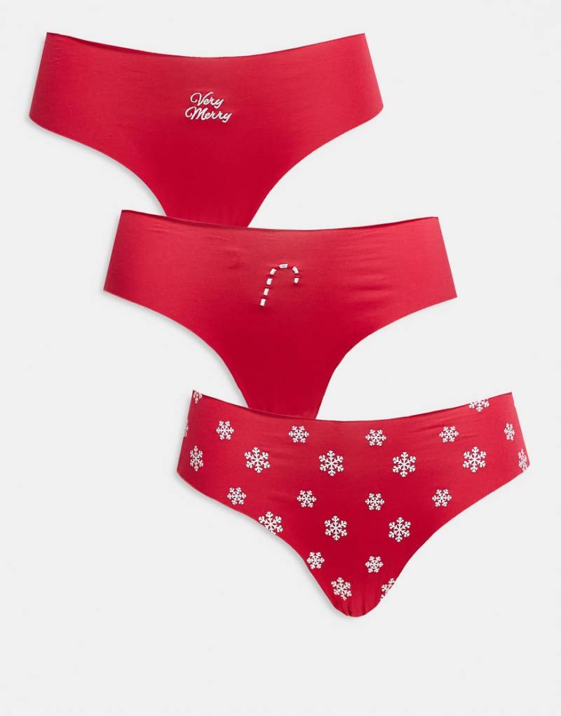 ASOS DESIGN - 3er-Pack unsichtbare Brazilian-Slips in Kirschrot mit Spitze und weihnachtlichem Muster von ASOS DESIGN