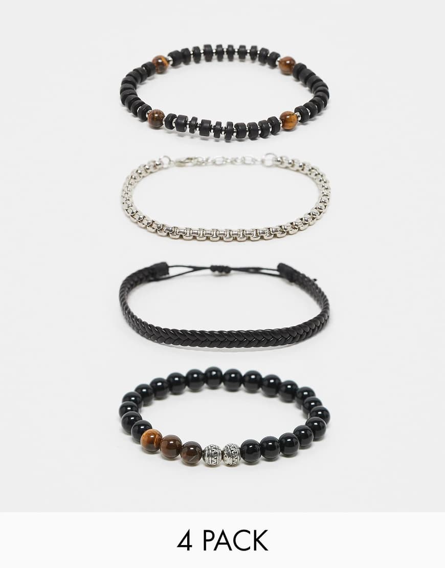 ASOS DESIGN - 4er-Pack Festival-Armbänder mit Perlen- und Kettendesign in Schwarz von ASOS DESIGN