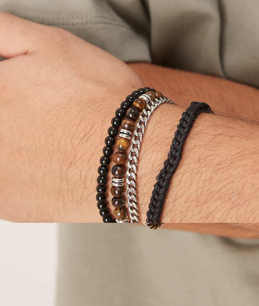 ASOS DESIGN - 4er-Pack Armbänder mit mehrfarbigen Halbedelstein-Perlen aus Tigerauge und Obsidian-Bunt von ASOS DESIGN