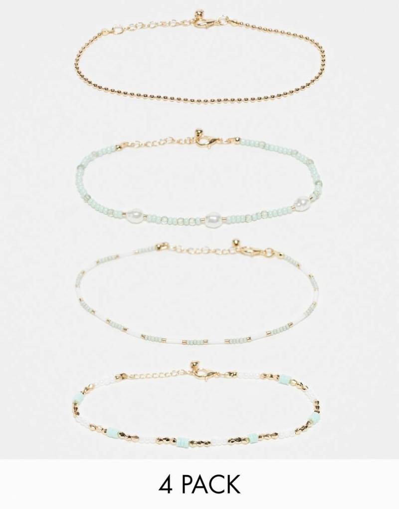 ASOS DESIGN - 4er-Pack Fußkettchen mit grünem und goldenem Perlendesign-Bunt von ASOS DESIGN