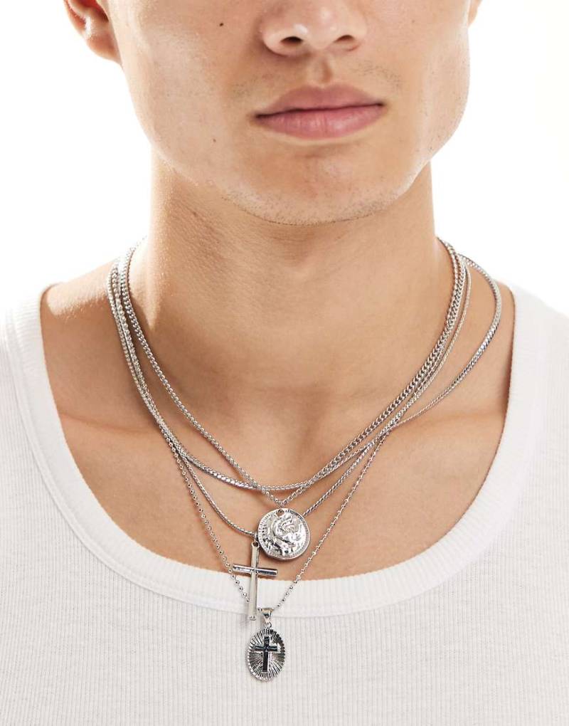ASOS DESIGN - 4er-Pack Halsketten in Silberoptik mit Ketten- und Kreuzanhänger von ASOS DESIGN