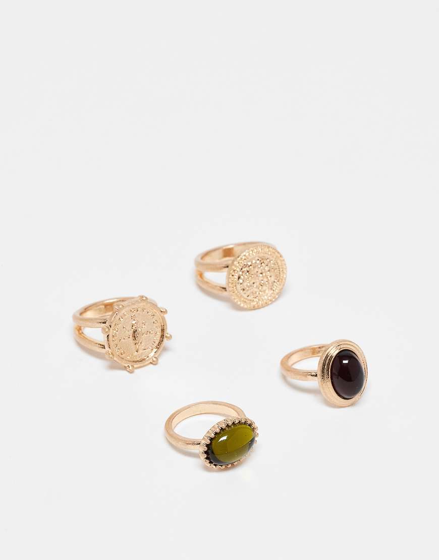 ASOS DESIGN - 4er-Pack goldfarbene Ringe im Vintage-Stil mit farbigen Schmucksteinen-Bunt ASOS DESIGN - 4er-Pack goldfarbene Ringe im Vintage-Stil mit farbigen Schmucksteinen-Bunt von ASOS DESIGN