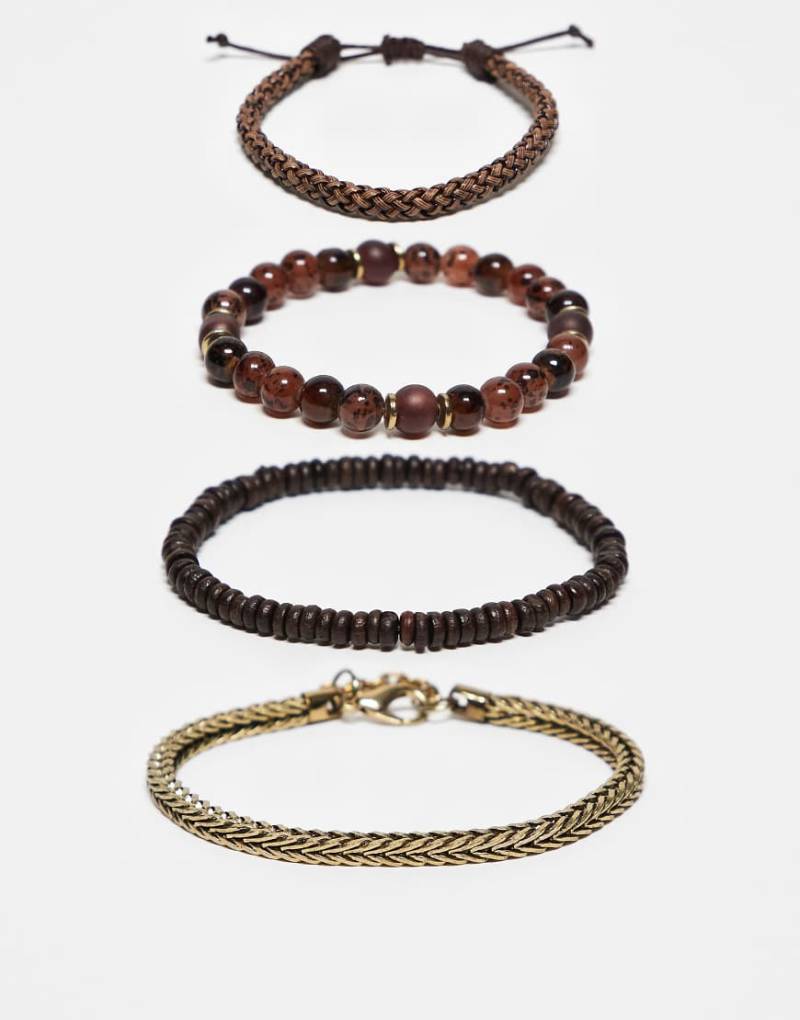 ASOS DESIGN - 4er-Pack mehrfarbige Armbänder aus verschiedenen Stoffen, Perlen und Kettendesign-Silber von ASOS DESIGN