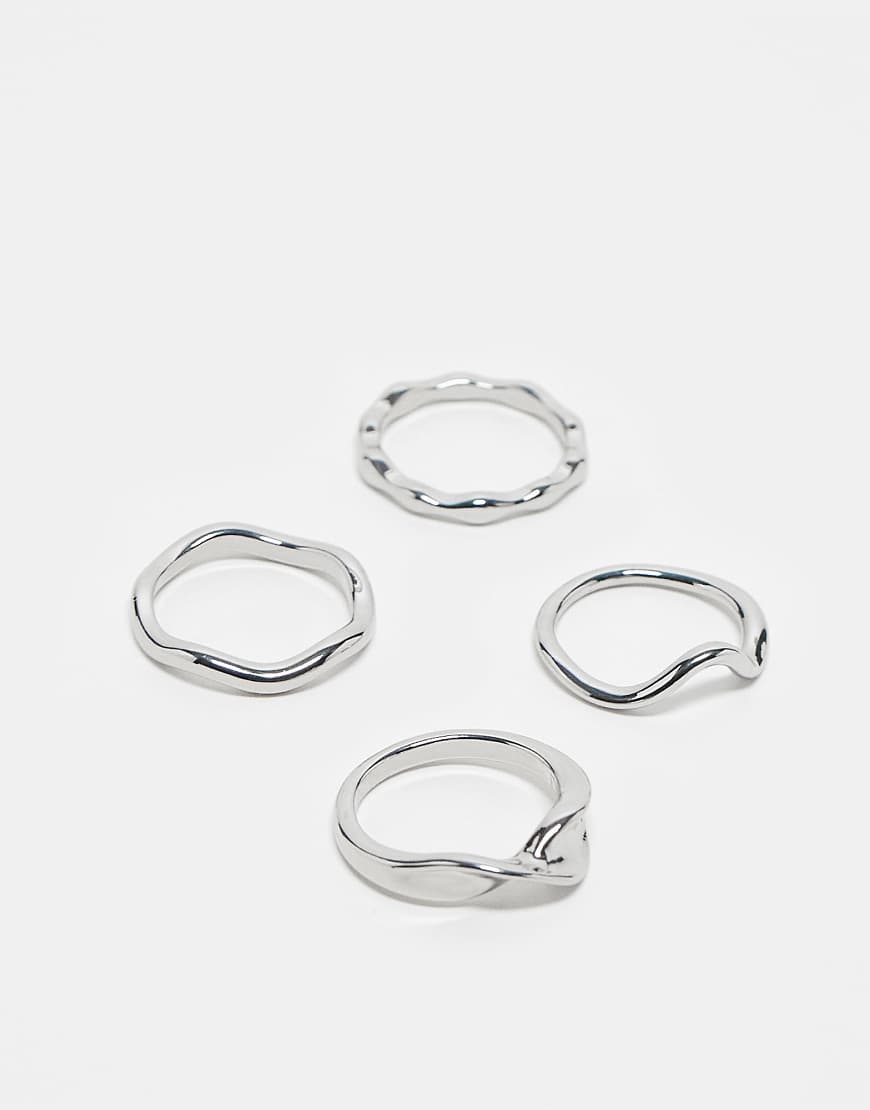 ASOS DESIGN - 4er-Pack silberfarbene Ringe in verschiedenen geschmolzenen Designs von ASOS DESIGN