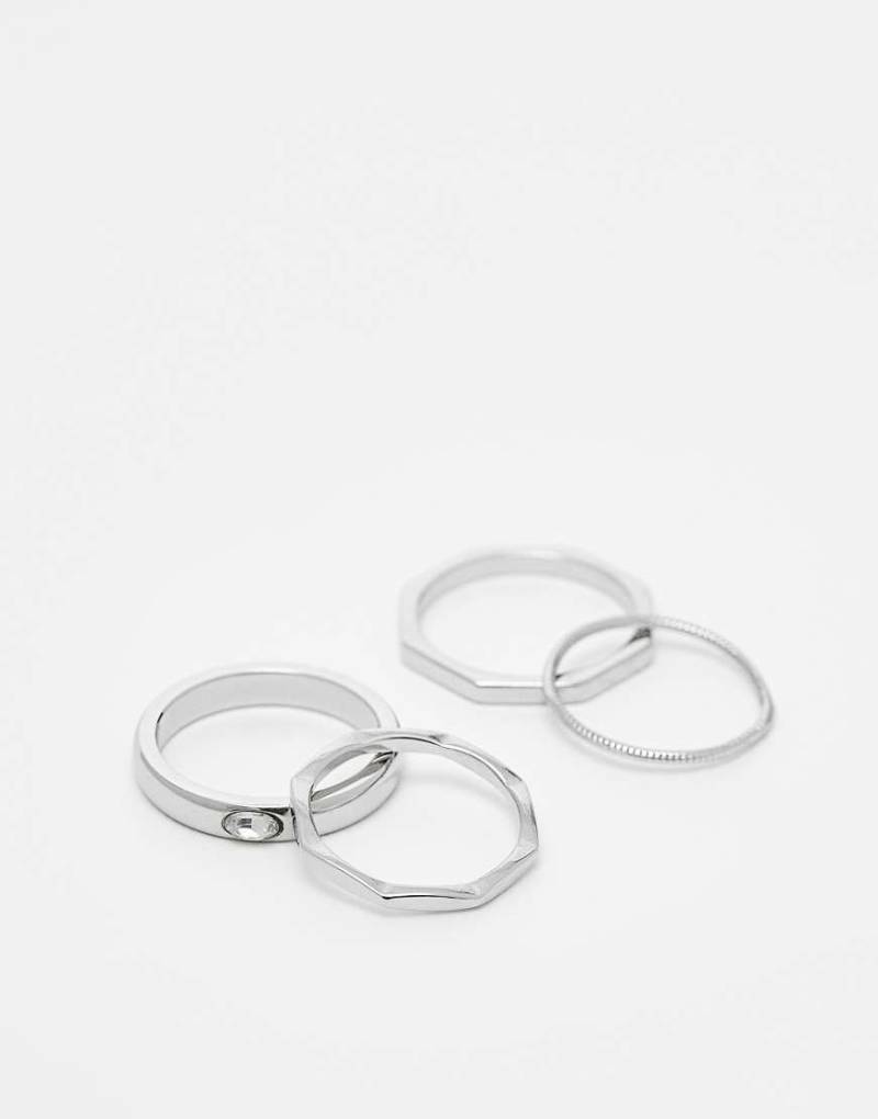 ASOS DESIGN - 4er-Pack silberfarbene Ringe aus wasserfestem Edelstahl mit achtkantigem Design und mit Strasssteinverzierung von ASOS DESIGN