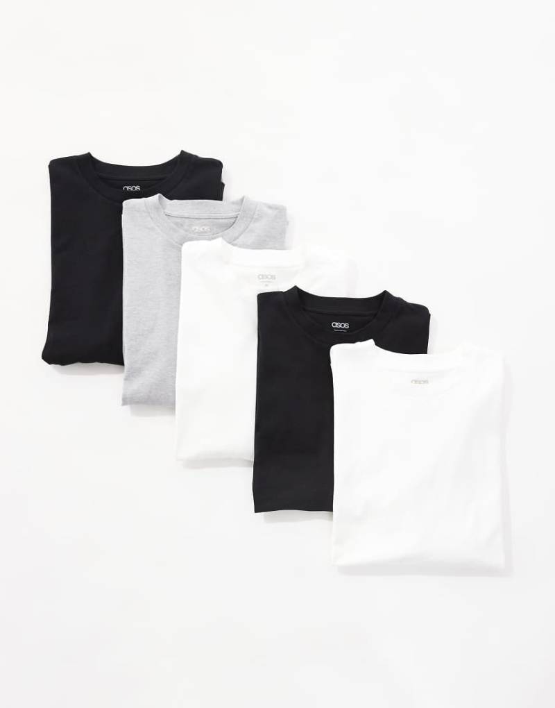 ASOS DESIGN - 5er-Pack Basic-T-Shirts in Weiß, Schwarz und Grau meliert mit Oversize-Schnitt-Bunt von ASOS DESIGN