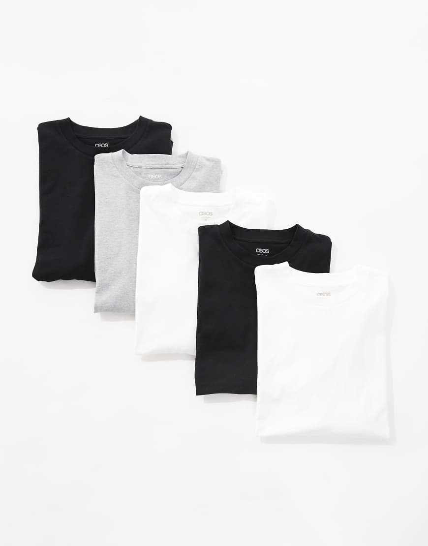 ASOS DESIGN - 5er-Pack Basic-T-Shirts in Weiß, Schwarz und Grau meliert mit Oversize-Schnitt-Bunt von ASOS DESIGN