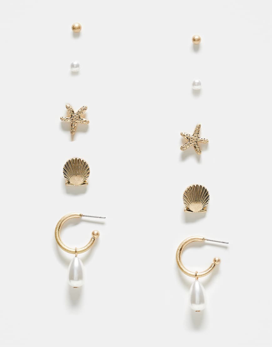 ASOS DESIGN - 5er-Pack Ohrstecker in Gold-Optik mit Muschel- und Perlen-Designs-Goldfarben von ASOS DESIGN