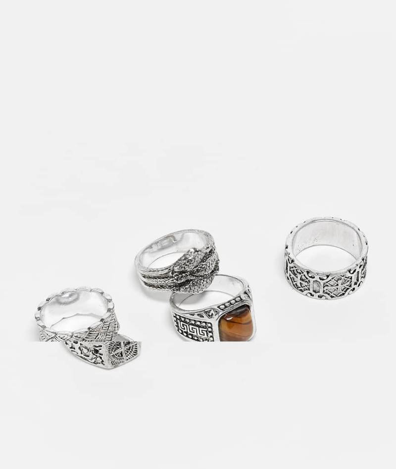 ASOS DESIGN - 5er-Pack Ringe in polierter Silberoptik mit Klauen- und Kompassdesign von ASOS DESIGN