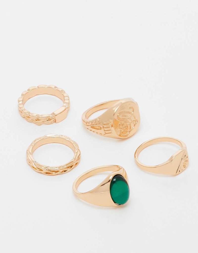 ASOS DESIGN - 5er-Pack Siegelringe im Goldton mit grünem Stein-Goldfarben von ASOS DESIGN
