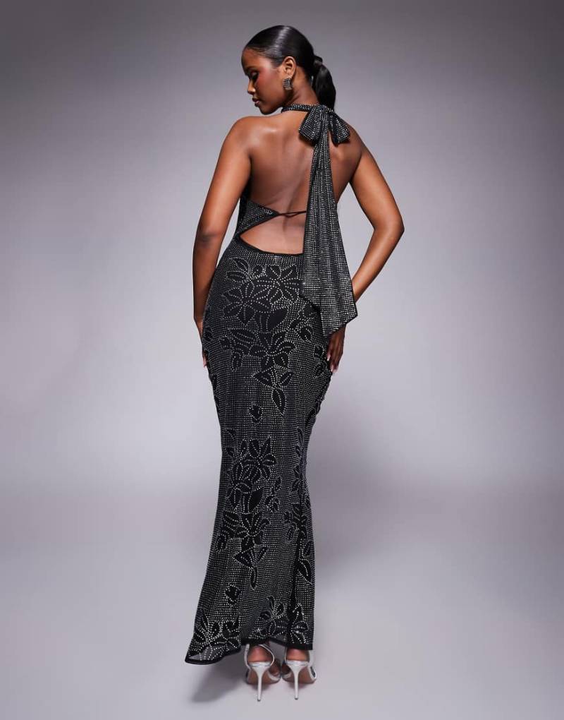 ASOS DESIGN - Ärmelloses, hochgeschlossenes Maxikleid in Schwarz mit Hotfix-Blumenmuster von ASOS DESIGN