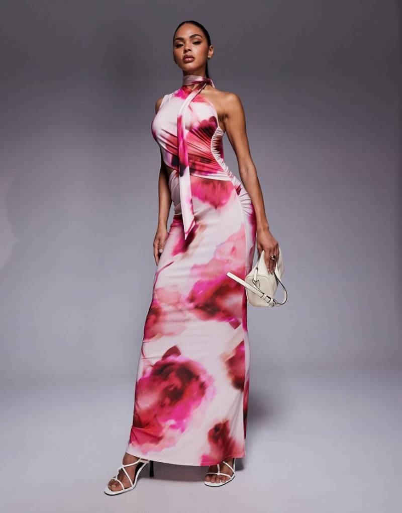 ASOS DESIGN - Ärmelloses, hochgeschlossenes Maxikleid mit rosa Blumenmuster-Bunt von ASOS DESIGN