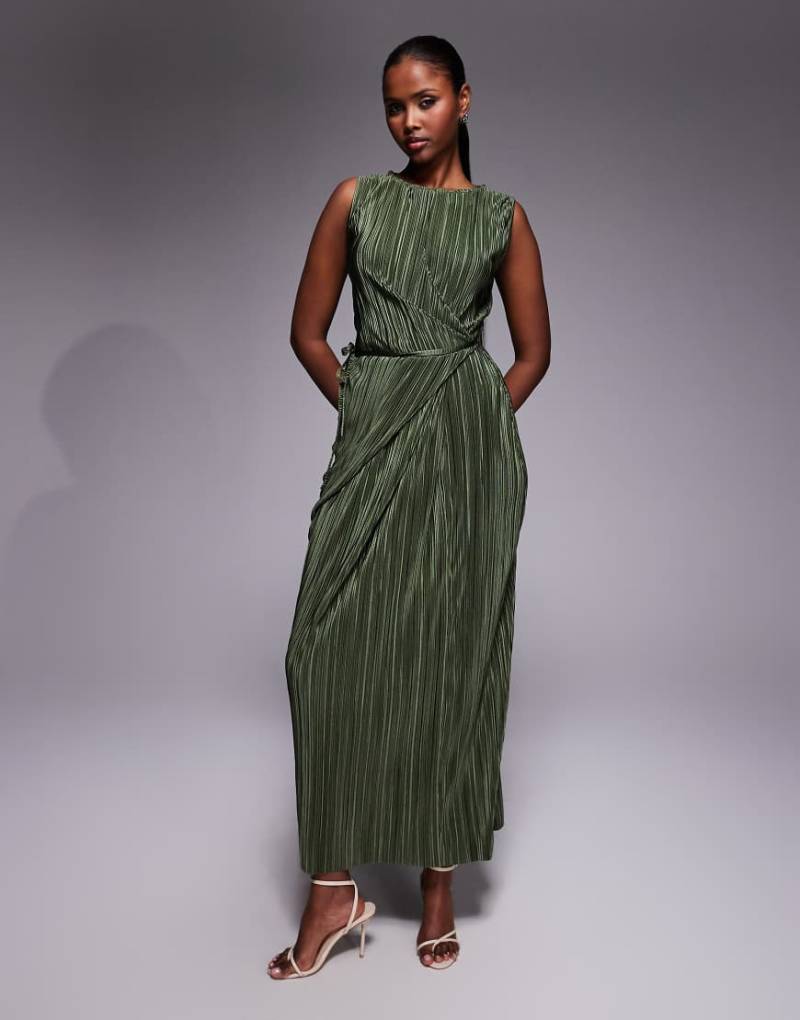 ASOS DESIGN - Ärmelloses, plissiertes Maxi-Wickelkleid in Khaki mit Bindeband vorne-Grün von ASOS DESIGN
