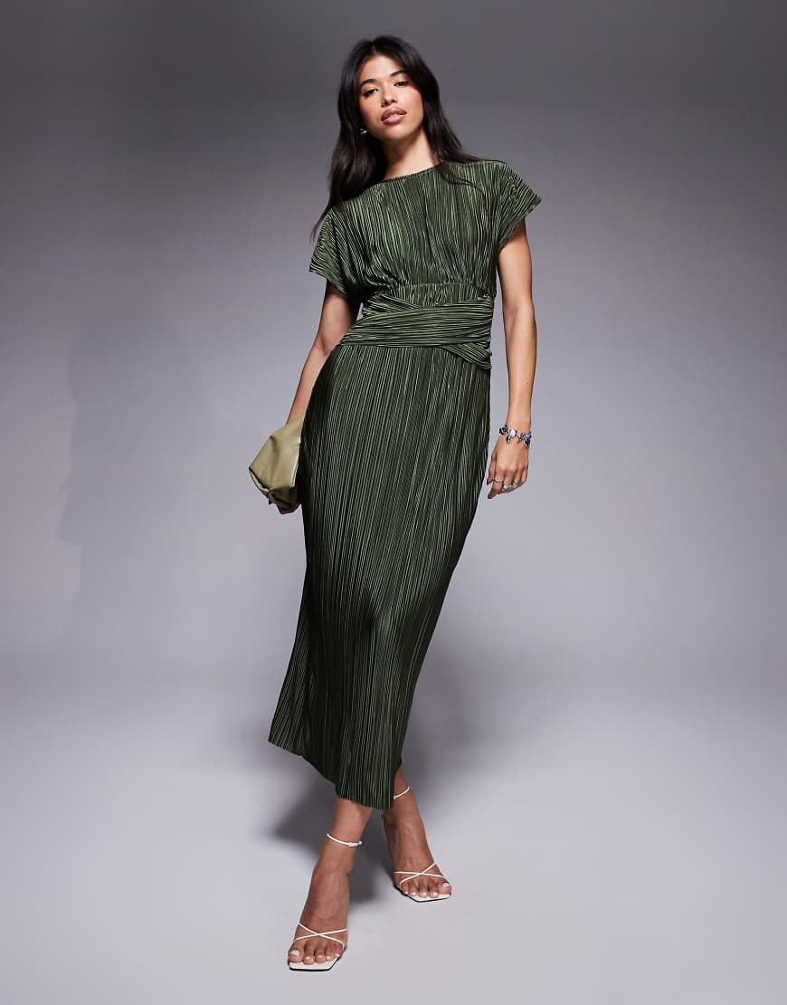 ASOS DESIGN - Ärmelloses, plissiertes Maxikleid in Khaki mit verdrehter Vorderseite-Grün von ASOS DESIGN