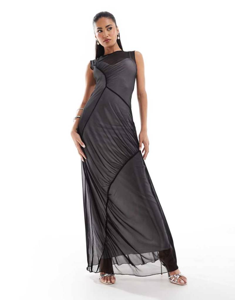 ASOS DESIGN - Ärmelloses Maxikleid aus Netzstoff in Schwarz mit Raffung-Keine Farbe von ASOS DESIGN