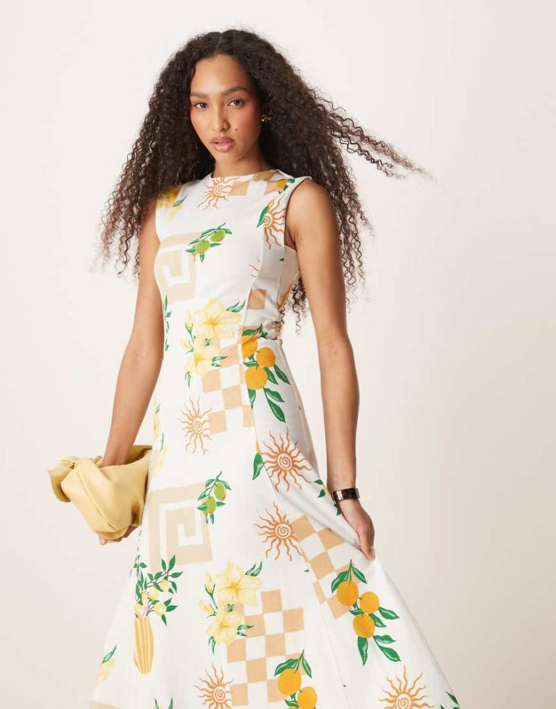 ASOS DESIGN - Ärmelloses Midi-Sommerkleid aus Baumwolle mit Postkartenprint-Bunt von ASOS DESIGN