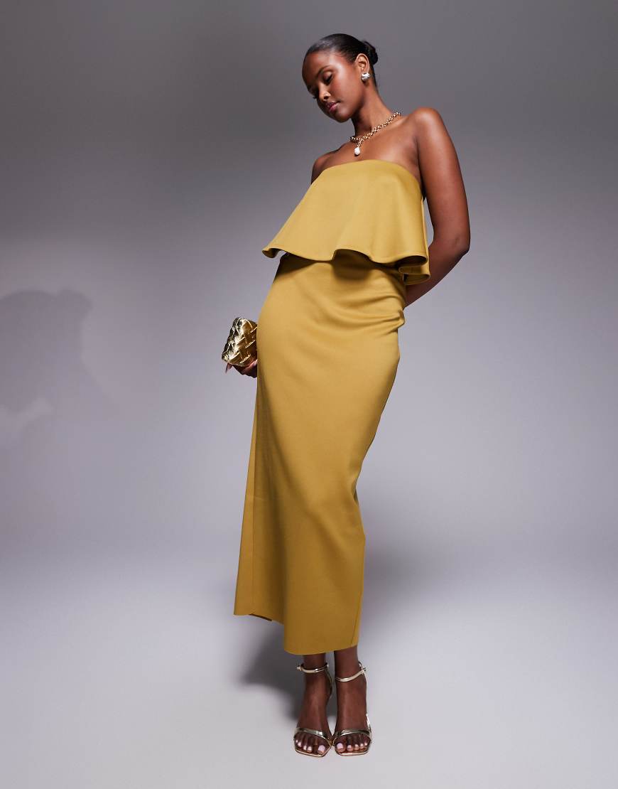 ASOS DESIGN - Trägerloses Midikleid aus neoprenartigem Stoff in Bronze mit Schößchendetail-Braun von ASOS DESIGN