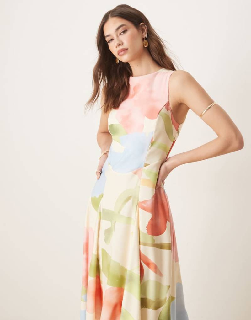 ASOS DESIGN - Ärmelloses Midikleid mit hellem Blumenprint und Korsett-Taille-Bunt von ASOS DESIGN