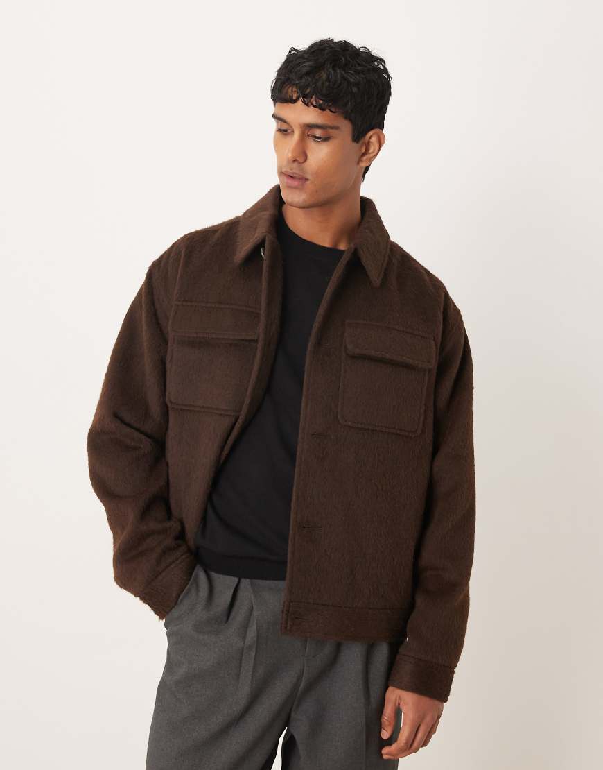 ASOS DESIGN - Angeraute Harrington-Jacke in brauner Wolloptik-Brown von ASOS DESIGN