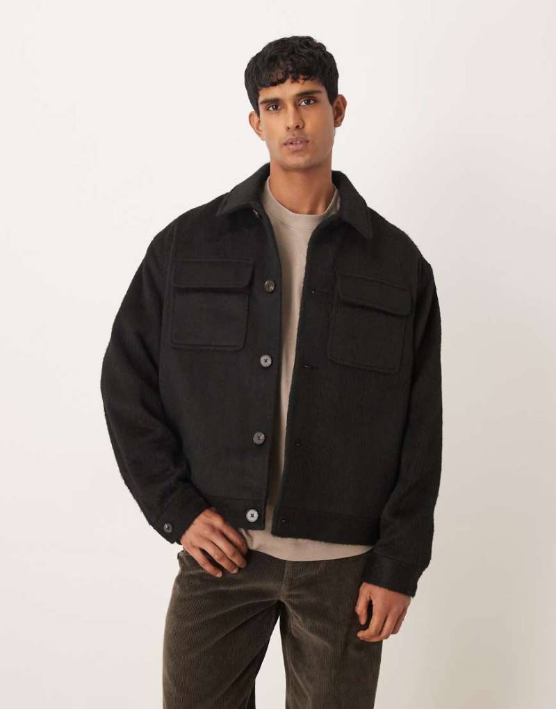 ASOS DESIGN - Angeraute Harrington-Jacke in brauner Wolloptik-Schwarz von ASOS DESIGN