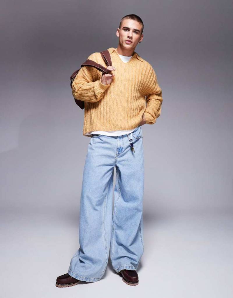 ASOS DESIGN - Oversize-Pullover aus angerautem, grobem Rippstrick in Steinbeige mit eingekerbtem Ausschnitt-Neutral von ASOS DESIGN