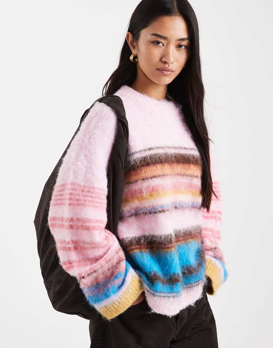 ASOS DESIGN - Angerauter Oversize-Pullover in Rosa mit Streifen von ASOS DESIGN