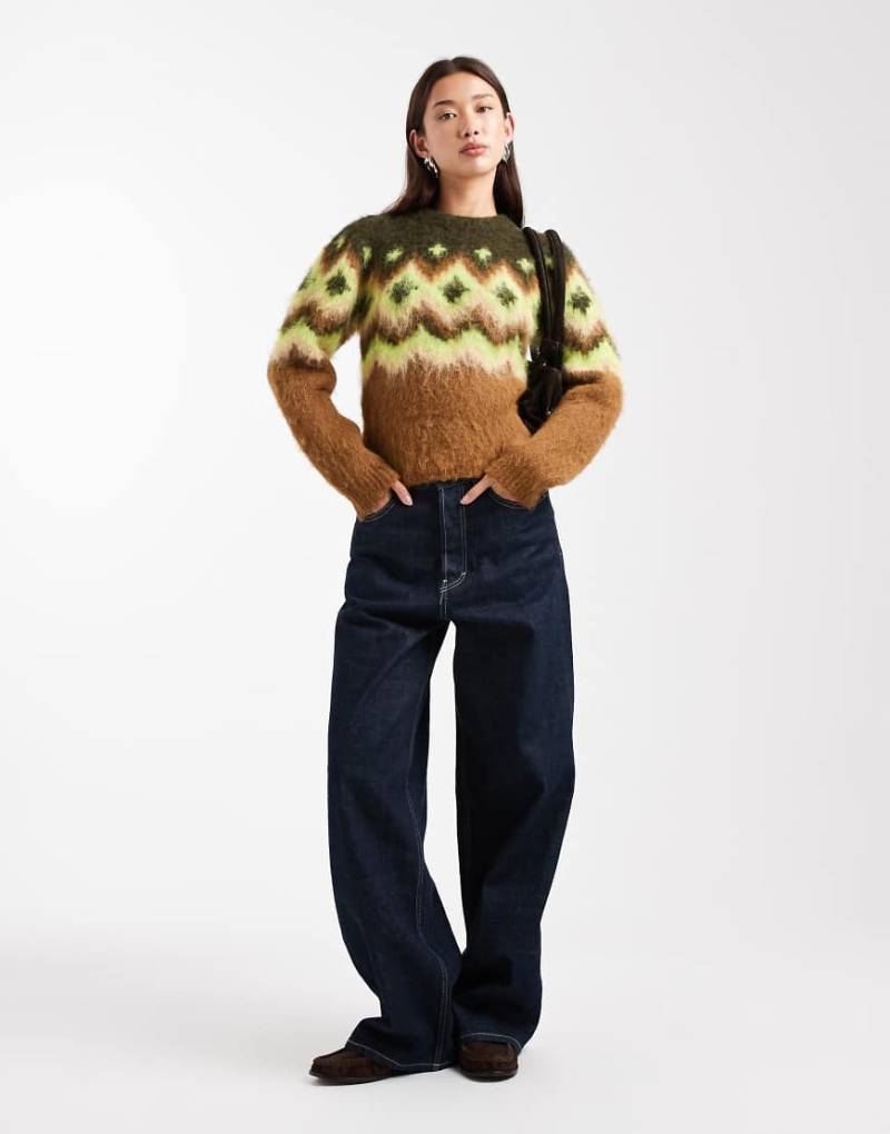 ASOS DESIGN - Angerauter Pullover in Grün mit Norwegermuster und betonter Schulter von ASOS DESIGN