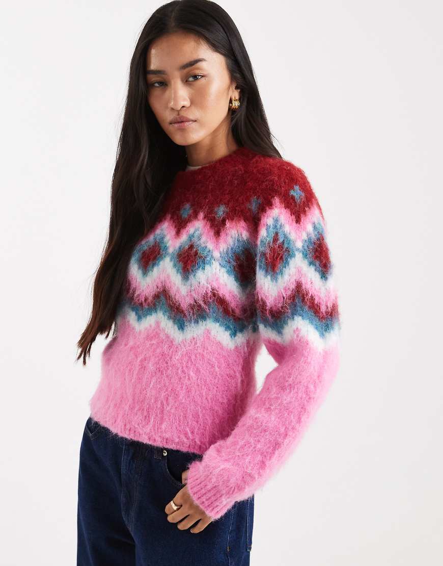 ASOS DESIGN - Angerauter Pullover in Rosa mit Norwegermuster und betonter Schulter von ASOS DESIGN