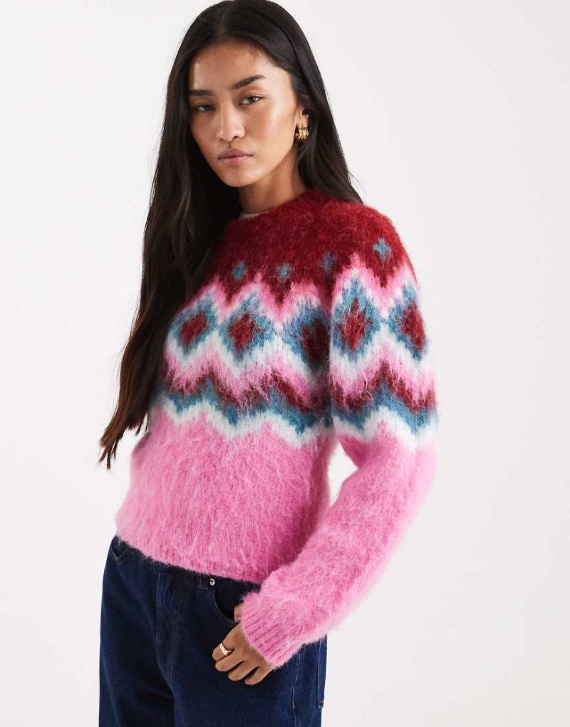 ASOS DESIGN - Angerauter Pullover in Rosa mit Norwegermuster und betonter Schulter von ASOS DESIGN