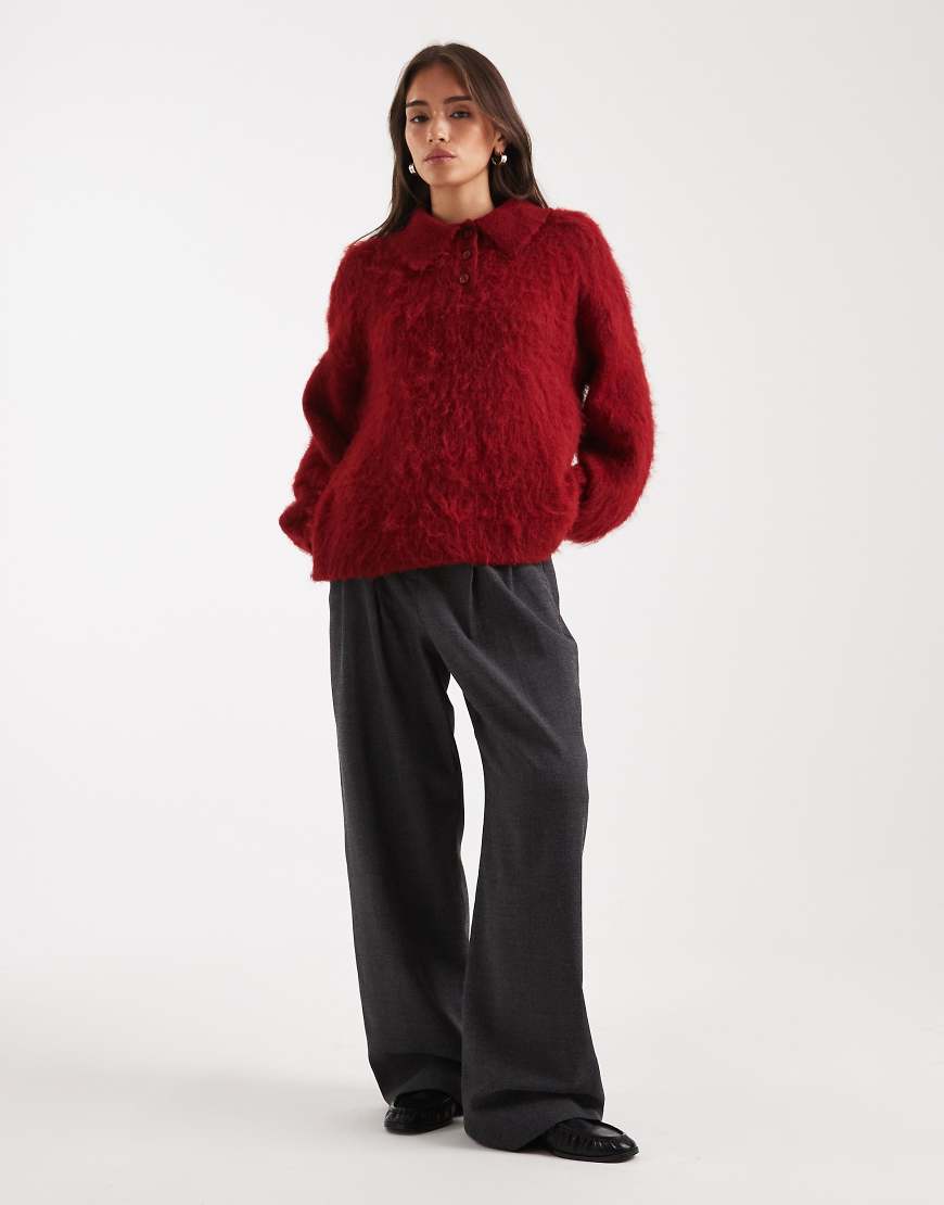 ASOS DESIGN - Angerauter Rugby-Pullover in Rot mit Polokragen von ASOS DESIGN