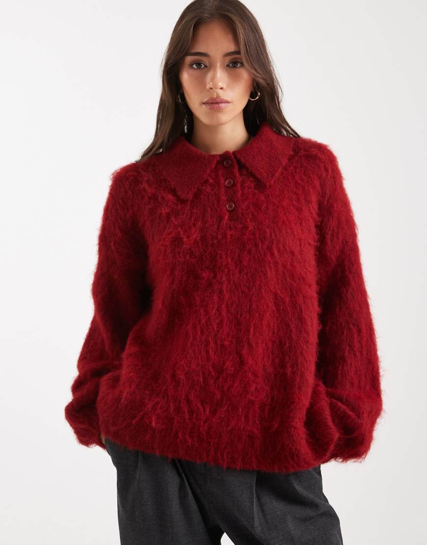 ASOS DESIGN - Angerauter Rugby-Pullover in Rot mit Polokragen von ASOS DESIGN