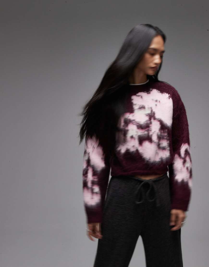 ASOS DESIGN - Angerauter Strickpullover in Rosa mit Blumenmuster-Bunt von ASOS DESIGN