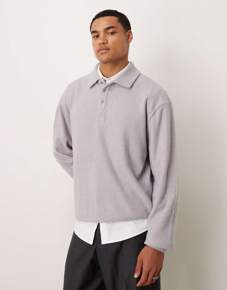 ASOS DESIGN - Angerautes, geripptes Oversize-Sweatshirt in Grau meliert mit Kragen von ASOS DESIGN