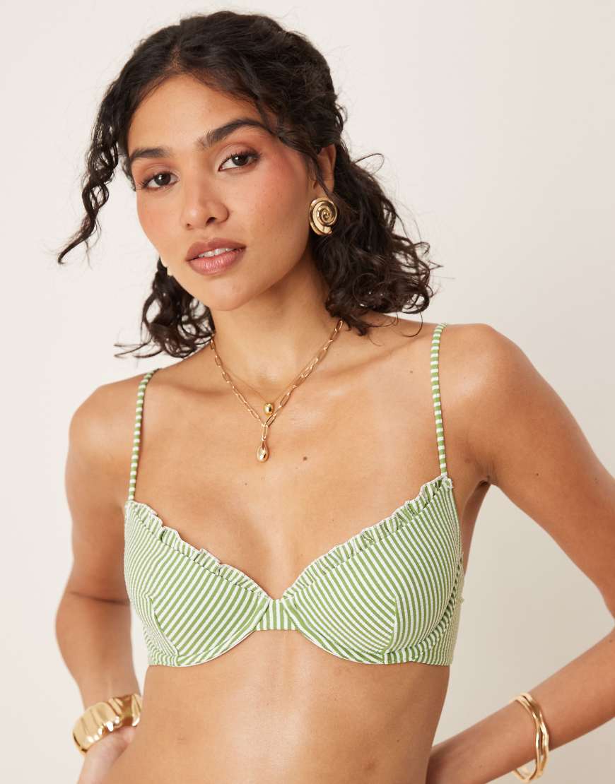 ASOS DESIGN - Anna - Bügel-Bikinioberteil aus Seersucker in Grün gestreift von ASOS DESIGN