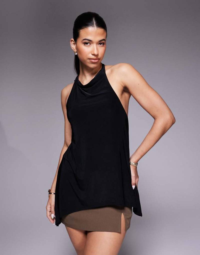 ASOS DESIGN - Anschmiegsames, asymmetrisches Longline-Oberteil in Schwarz mit Neckholder, Kombiteil von ASOS DESIGN