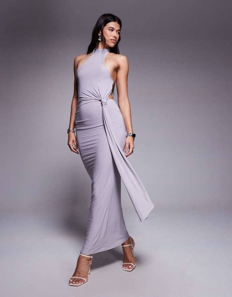 ASOS DESIGN - Anschmiegsames Maxikleid in Schiefergrau mit Wasserfallausschnitt und Knotendetail vorne von ASOS DESIGN