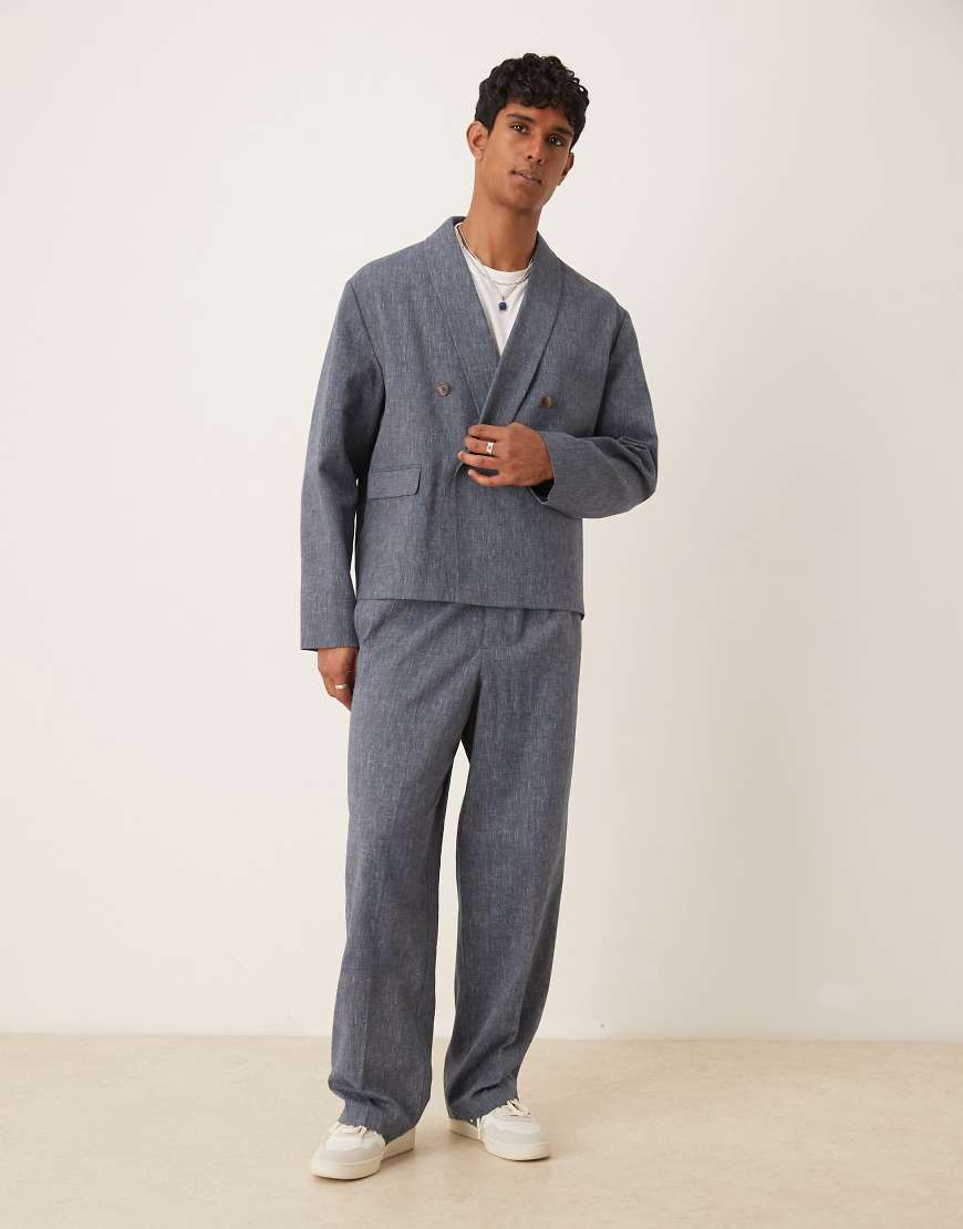 ASOS DESIGN - Anzughose aus Leinen in Blau mit weitem Bein, Nadelstreifen und elastischem Bund von ASOS DESIGN