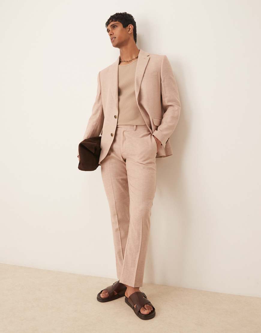 ASOS DESIGN - Anzughose aus Leinen in Steinbeige mit schmalem Schnitt und Fischgrätmuster-Neutral von ASOS DESIGN