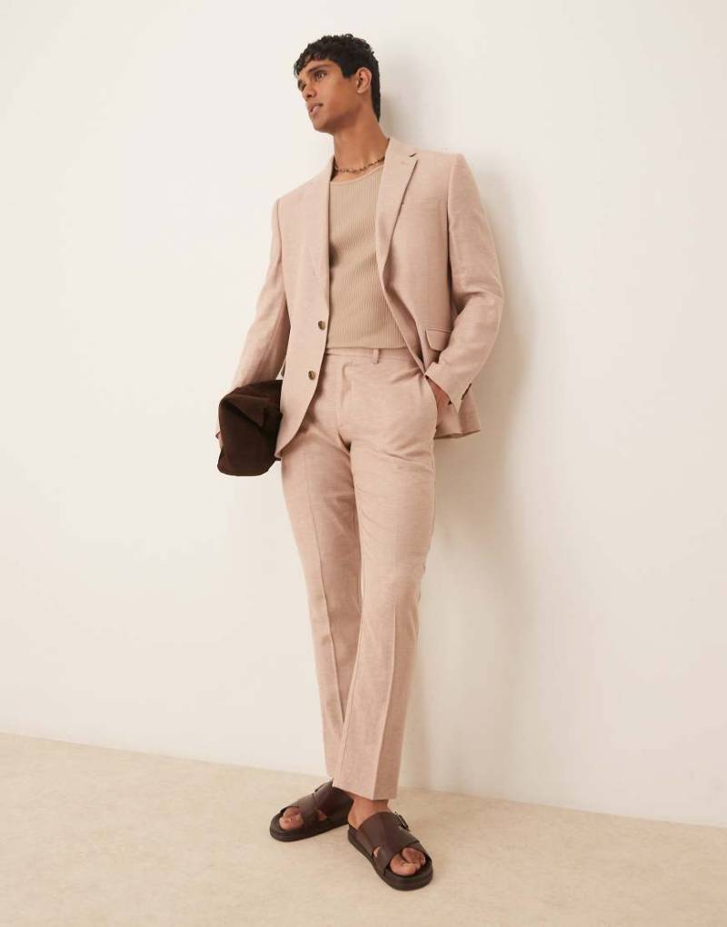 ASOS DESIGN - Anzughose aus Leinen in Steinbeige mit schmalem Schnitt und Fischgrätmuster-Neutral von ASOS DESIGN