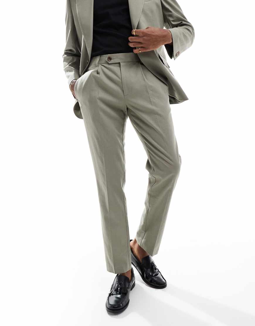 ASOS DESIGN - Anzughose aus Leinenmix in Khaki mit schmalem Schnitt-Grün von ASOS DESIGN