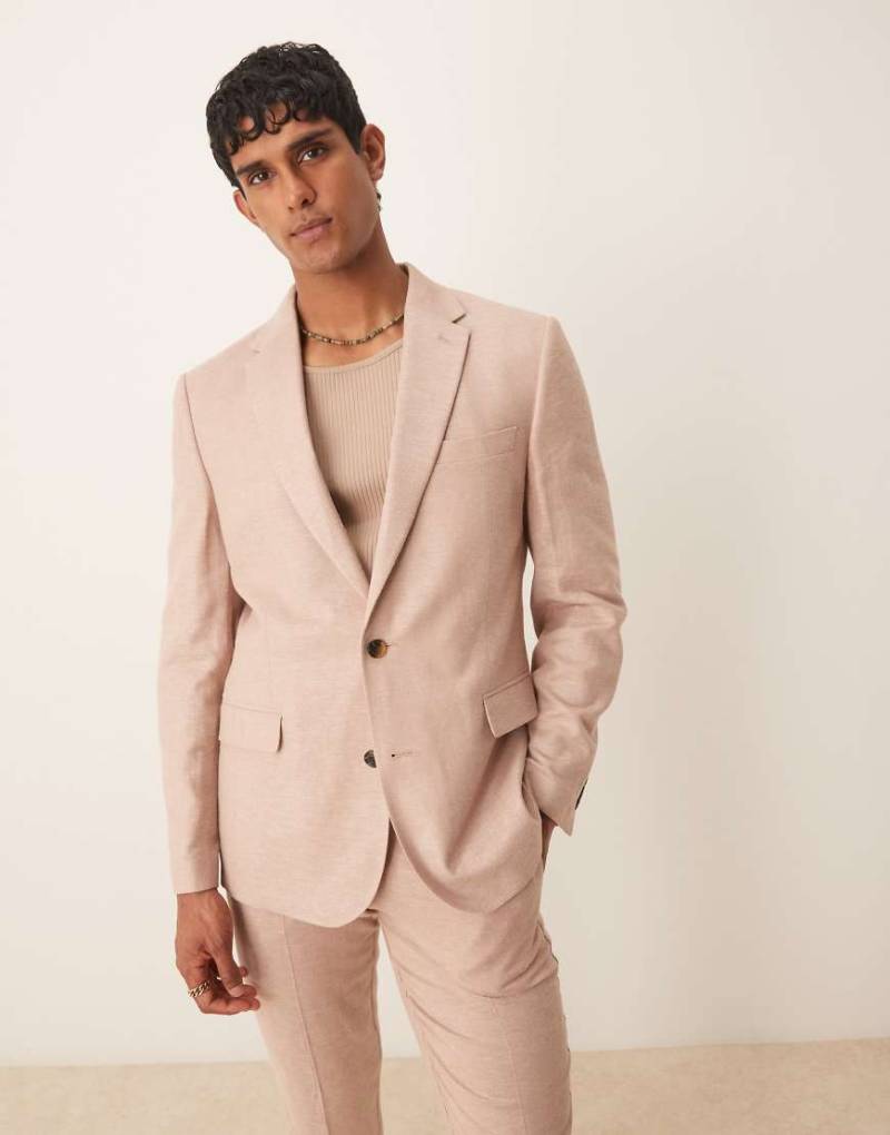 ASOS DESIGN - Anzugjacke aus Leinen in Steinbeige mit schmalem Schnitt und Fischgrätmuster-Neutral von ASOS DESIGN
