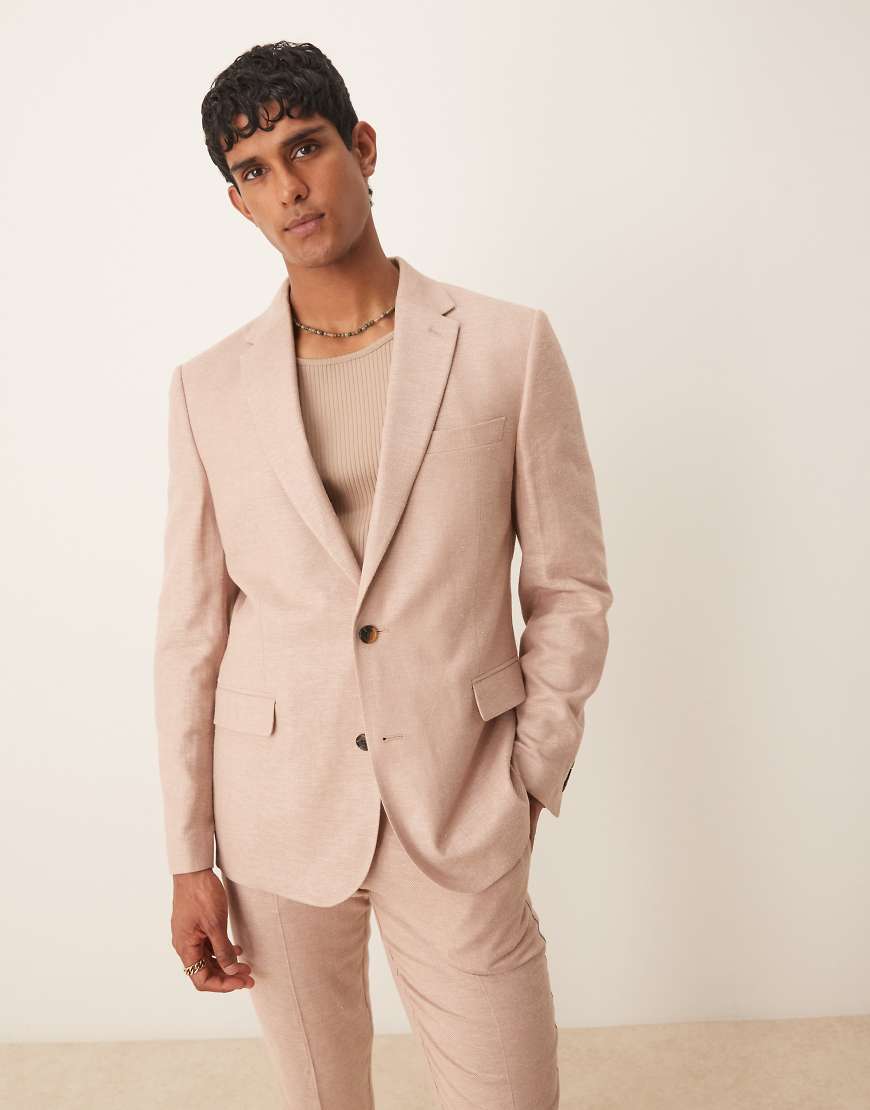 ASOS DESIGN - Anzugjacke aus Leinen in Steinbeige mit schmalem Schnitt und Fischgrätmuster-Neutral von ASOS DESIGN