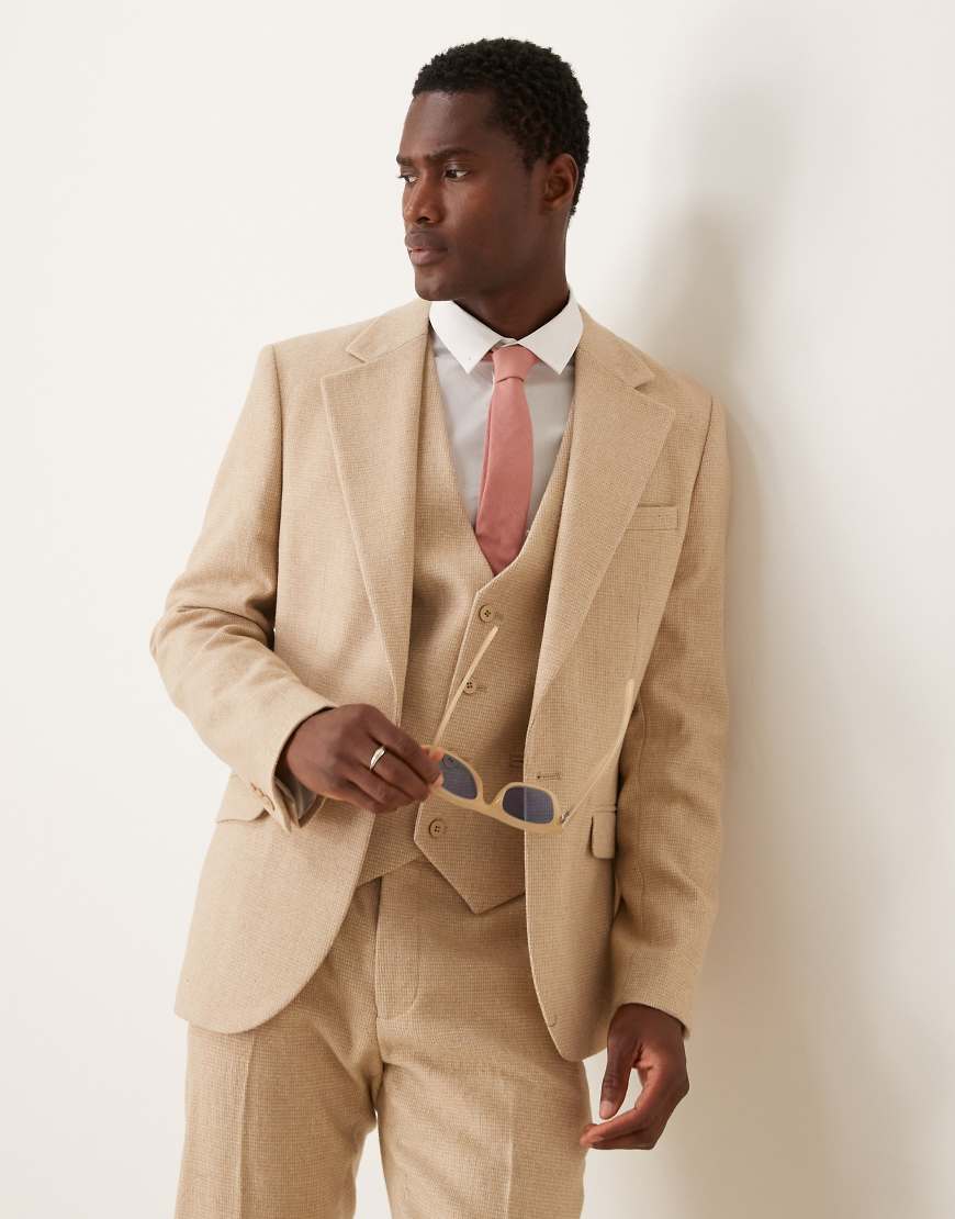 ASOS DESIGN - Anzugjacke aus Wollmischung mit kleinem, beigem Hahnentrittmuster-Neutral ASOS DESIGN - Anzugjacke aus Wollmischung mit kleinem, beigem Hahnentrittmuster-Neutral von ASOS DESIGN