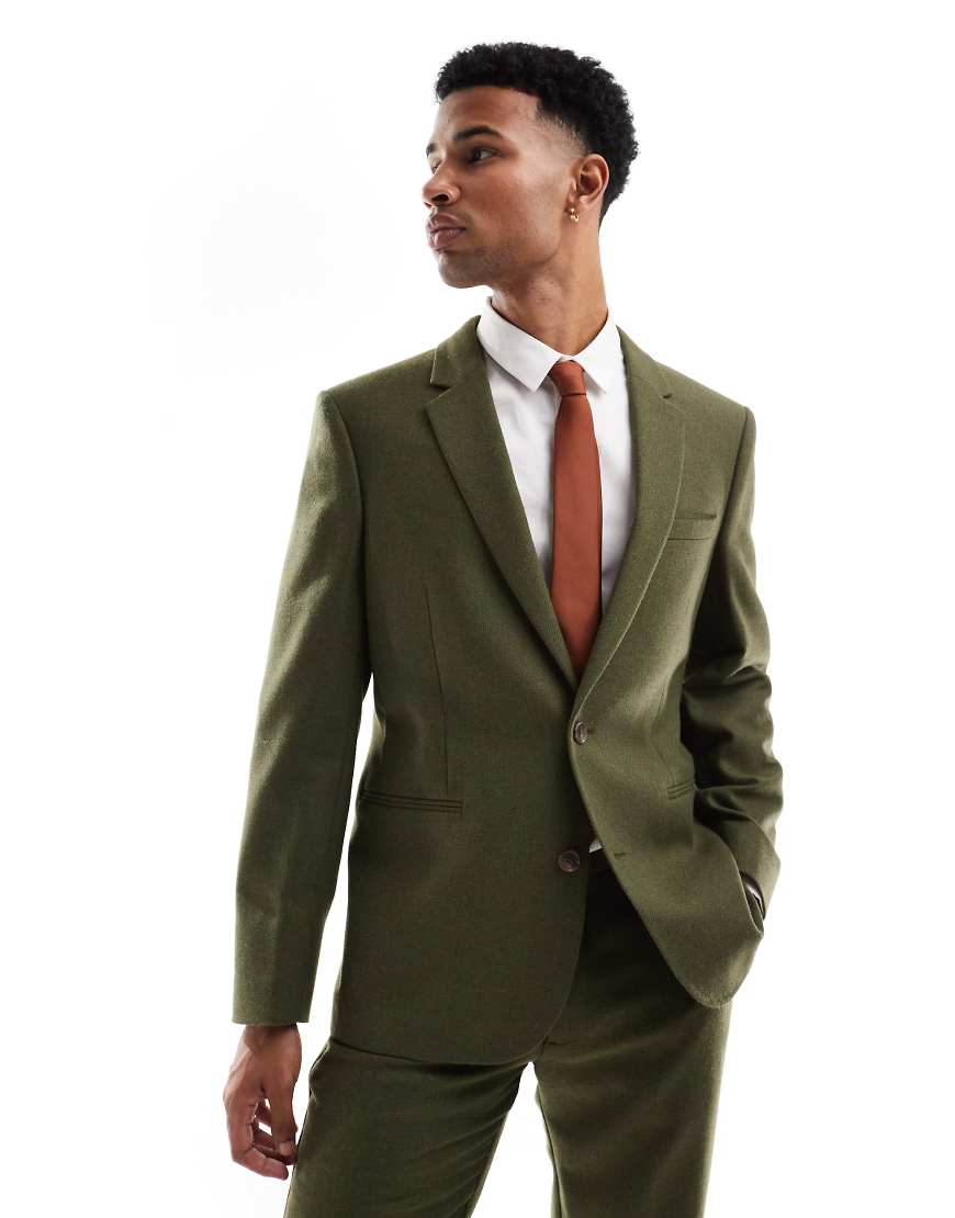 ASOS DESIGN - Anzugjacke aus Wollmix-Twill in Khaki mit schmalem Schnitt-Grün von ASOS DESIGN